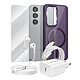 Mayaxess Pack Essentiel pour Galaxy S25 Coque, Verre, Chargeur, Écouteurs (5 pièces) Violet - Ce pack d'accessoires se compose de tous les éléments essentiels pour protéger, recharger et utiliser votre Galaxy S25 au quotidien