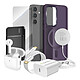 Mayaxess Pack Elite pour Galaxy S24 Coque, Verre, Chargeur, Batterie Externe, Magsafe, Écouteurs Bluetooth (7 pièces) Violet - Ce coffret d'accessoires se compose des éléments essentiels à la protection, à la recharge et à l'utilisation optimale de votre Galaxy S24