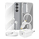 Mayaxess Pack Essentiel pour Galaxy S25 Coque, Verre, Chargeur, Écouteurs (5 pièces) Gris - Ce pack d'accessoires se compose de tous les éléments essentiels pour protéger, recharger et utiliser votre Galaxy S25 au quotidien