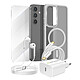 Mayaxess Pack Essentiel pour Galaxy S24 Coque, Verre, Chargeur, Écouteurs (5 pièces) Gris - Ce pack d'accessoires se compose de tous les éléments essentiels pour protéger, recharger et utiliser votre Galaxy S24 au quotidien