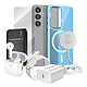 Mayaxess Pack Elite pour Galaxy S25 Coque, Verre, Chargeur, Batterie Externe, Magsafe, Écouteurs Bluetooth (7 pièces) Bleu clair - Ce coffret d'accessoires se compose des éléments essentiels à la protection, à la recharge et à l'utilisation optimale de votre Galaxy S25