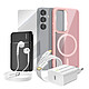 Mayaxess Pack Complet pour Galaxy S25 Coque, Verre, Chargeur, Batterie Externe, Écouteurs (6 pièces) Rose - Ce coffret d'accessoires réunit les éléments indispensables à la protection, à la recharge et à l'utilisation quotidienne du Galaxy S25