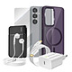 Mayaxess Pack Complet pour Galaxy S25 Coque, Verre, Chargeur, Batterie Externe, Écouteurs (6 pièces) Violet - Ce coffret d'accessoires réunit les éléments indispensables à la protection, à la recharge et à l'utilisation quotidienne du Galaxy S25