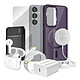 Mayaxess Pack Elite pour Galaxy S25 Coque, Verre, Chargeur, Batterie Externe, Magsafe, Écouteurs Bluetooth (7 pièces) Violet - Ce coffret d'accessoires se compose des éléments essentiels à la protection, à la recharge et à l'utilisation optimale de votre Galaxy S25