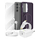 Mayaxess Pack Essentiel pour Galaxy S24 Coque, Verre, Chargeur, Écouteurs (5 pièces) Violet - Ce pack d'accessoires se compose de tous les éléments essentiels pour protéger, recharger et utiliser votre Galaxy S24 au quotidien
