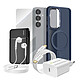 Mayaxess Pack Complet pour Galaxy S25 Coque, Verre, Chargeur, Batterie Externe, Écouteurs (6 pièces) Bleu nuit - Ce coffret d'accessoires réunit les éléments indispensables à la protection, à la recharge et à l'utilisation quotidienne du Galaxy S25