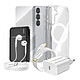 Mayaxess Pack Complet pour Galaxy S25 Coque, Verre, Chargeur, Batterie Externe, Écouteurs (6 pièces) Transparent Ce coffret d'accessoires réunit les éléments indispensables à la protection, à la recharge et à l'utilisation quotidienne du Galaxy S25