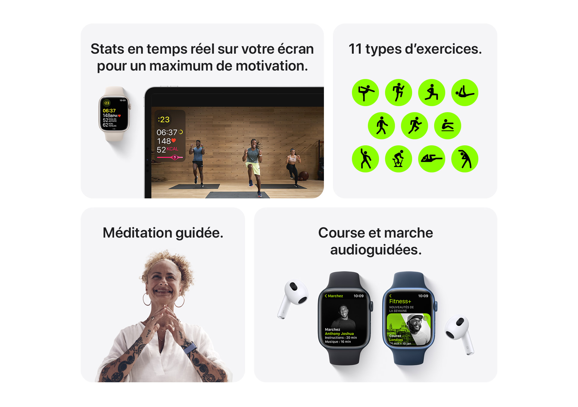 Stats en temps réel sur votre écran pour un maximum de motivation. 11 types d'exercices. Méditation guidée. Course et marche audio-guidées.